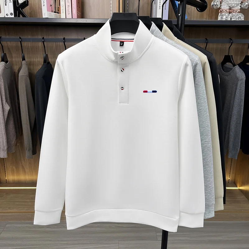 Herren-Langarm-T-Shirt mit hohem Kragen, Knopfleiste, exquisitem Muster, Stickerei, hautfreundlich, farbecht, Herbst-Freizeitmode, Herrenbekleidung – Detail 3
