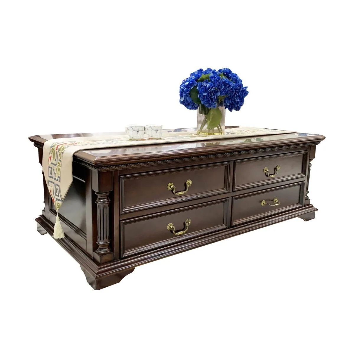 

American country solid wood coffee table retro classic Roman column living room eight drawers storage table large apartment
