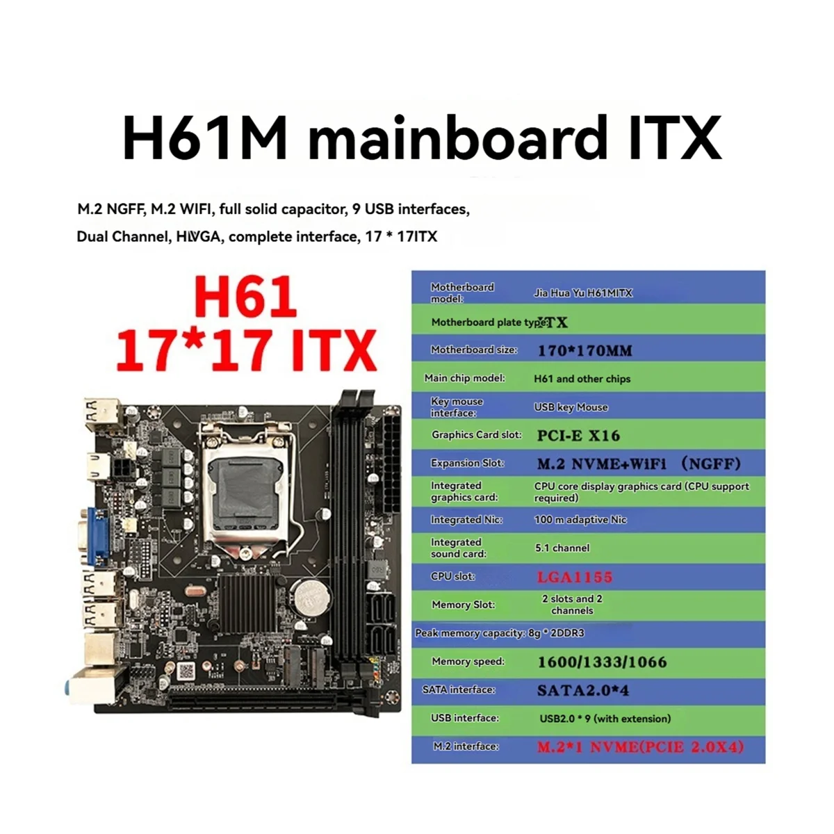 A71Z H61 Motherboard LGA 1155 Kit Desktop PC Laptop CPU Supports DDR3 M.2 NVME WiFi 17x17 ITX Motherboard