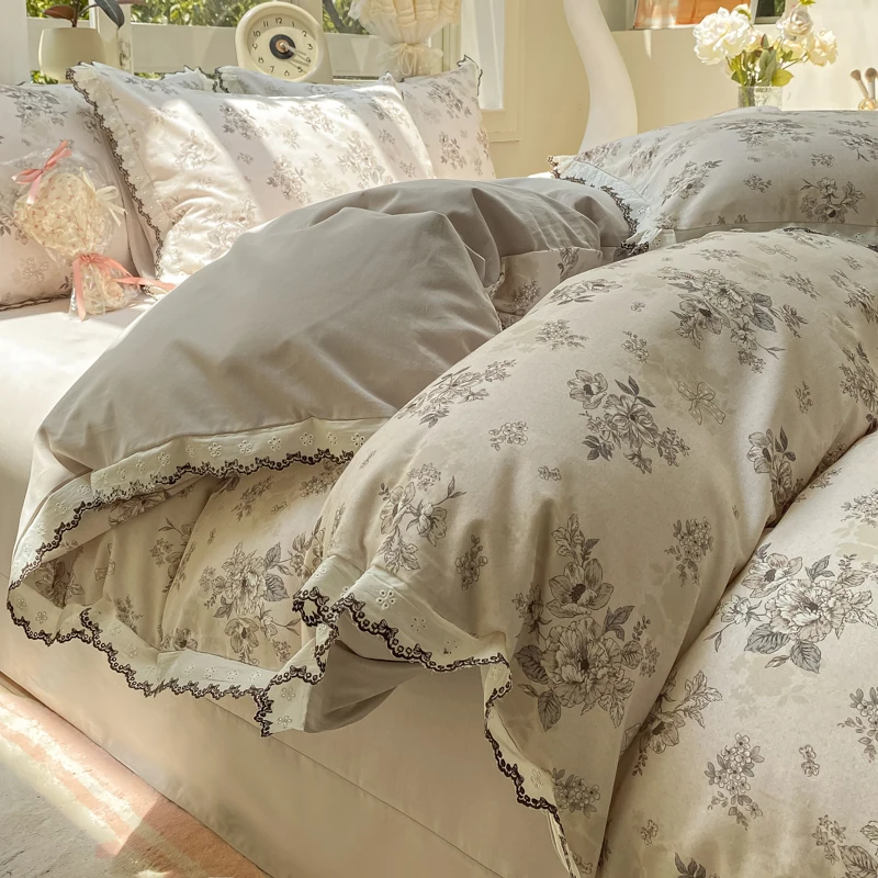 Vintage Flowers Print Lace Ruffles Bedding Set 100% Cotton Thick Brushed Fabric Duvet Cover Bed Sheet/Fitted Sheet Pillowcases