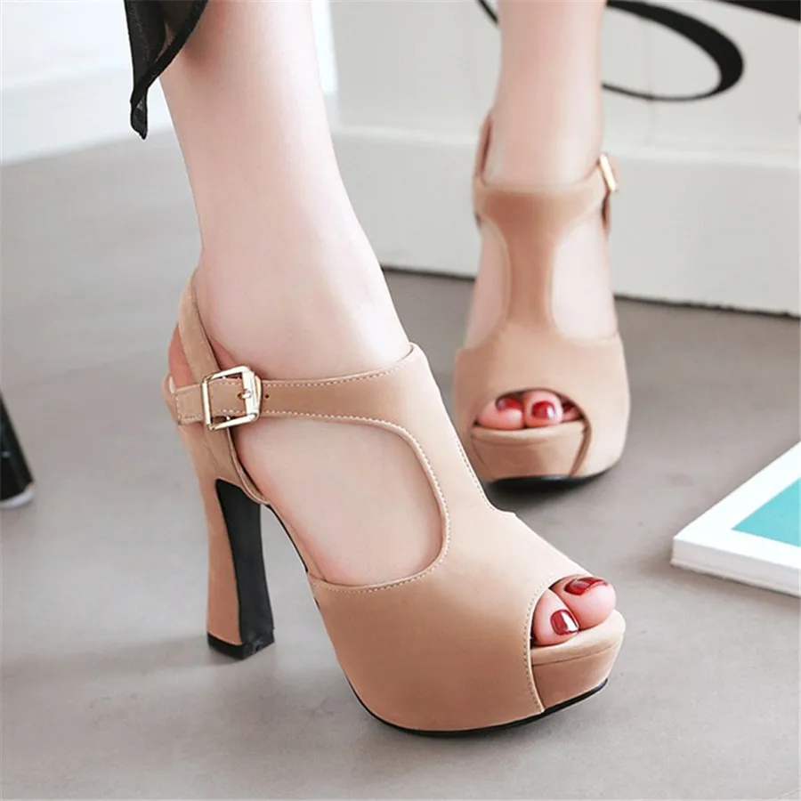 Summer Women Platform Sandals Block High Heels Fish Mouth Black Rose Red T-strap Buckle Dress Office Gladiator Ladies Shoes32-43