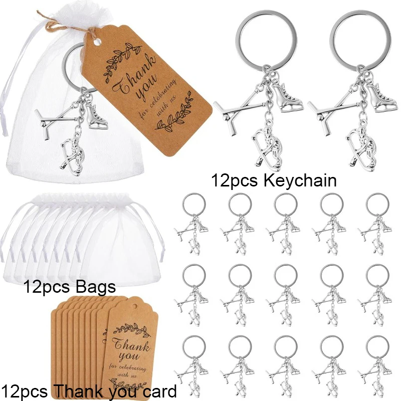 12 Sets Ice Hockey Gifts Sport Birthday Party Favors Ice Hockey Keychain Skates Sticks Players Keychain Bags Thank You Cards