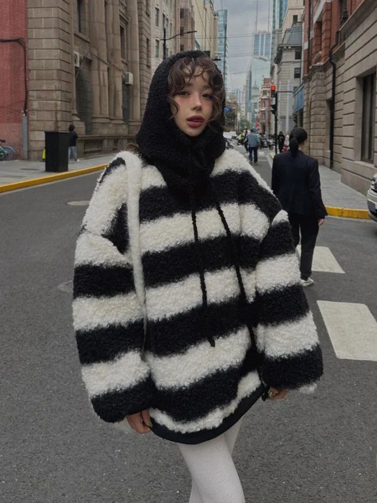 

Lamb Fur Cotton Jaet Women's Loose round Ne Thiened Warm Anti-Aging Hoodie Trendy Color Blo Wide Stripes Autumn Winter