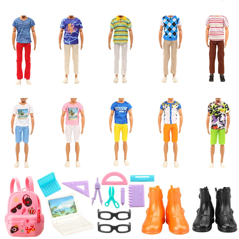 Doll Clothes Accessories 24 Pieces=10 Tops Pants+8 Stationery Sets+1 Backpack+2 Glasses+1 Computer+2 High Boots for Ken Doll