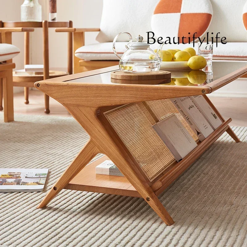

NEW N wood coffee table wind household rectangular rattan tea table Japanese retro small apartment living room glass