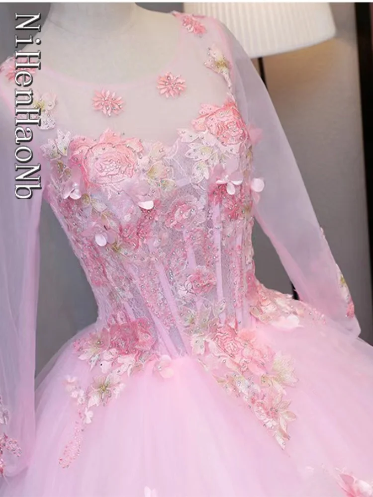 Pink Quinceanera Dresses With Long Sleeves Princess Prom Gowns Tulle Appliques Ball Gown Sweet 15 16 Dresses