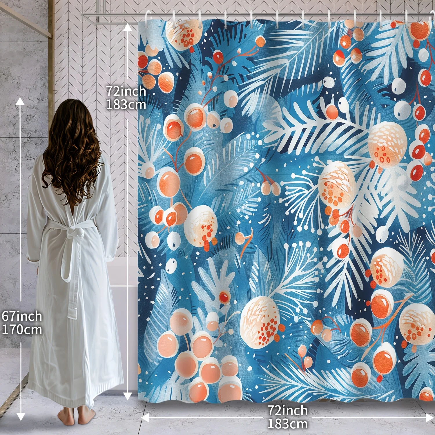 Tropical Oasis Duschvorhang: Lebhaftes blaues und orangefarbenes Laub für eine erfrischende Badezimmerdekoration