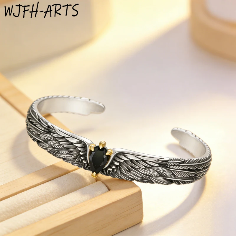 

WJFH-ARTS Exquisite Retro Black Crystal Inlay Eagle Wings Bracelet For Women 925 Silver-Plated Open Bangle Party Jewelry Gifts