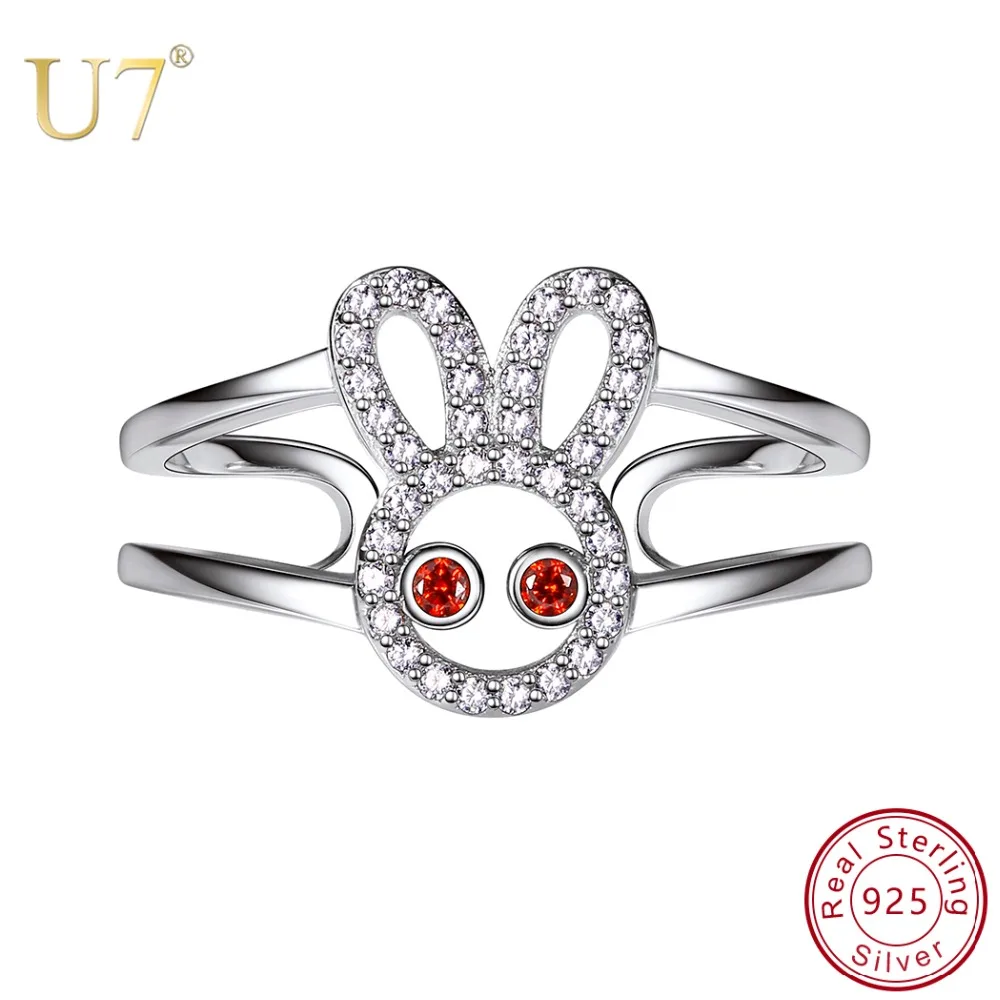 

U7 925 Sterling Silver Adjustable Rabbit Ring Cubic Zirconia 2 Layers Finger Rings for Women Engagement Party QC24