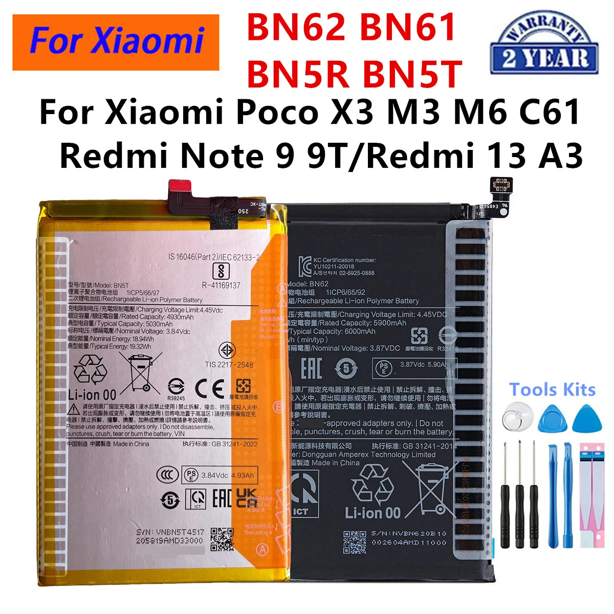 Batería BN5R BN5T BN62 BN61 para Xiaomi POCO M3 M6 Redmi Note 9 9T 4G Poco X3 Redmi 13 A3 Poco C61 + Herramientas