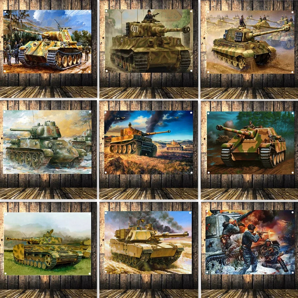 

WW II Art Poster Home Decor Banner - Heavy Armored Weapons Poster Wall Hanging Flag - Man Cave & Room Military Art Wall Painting