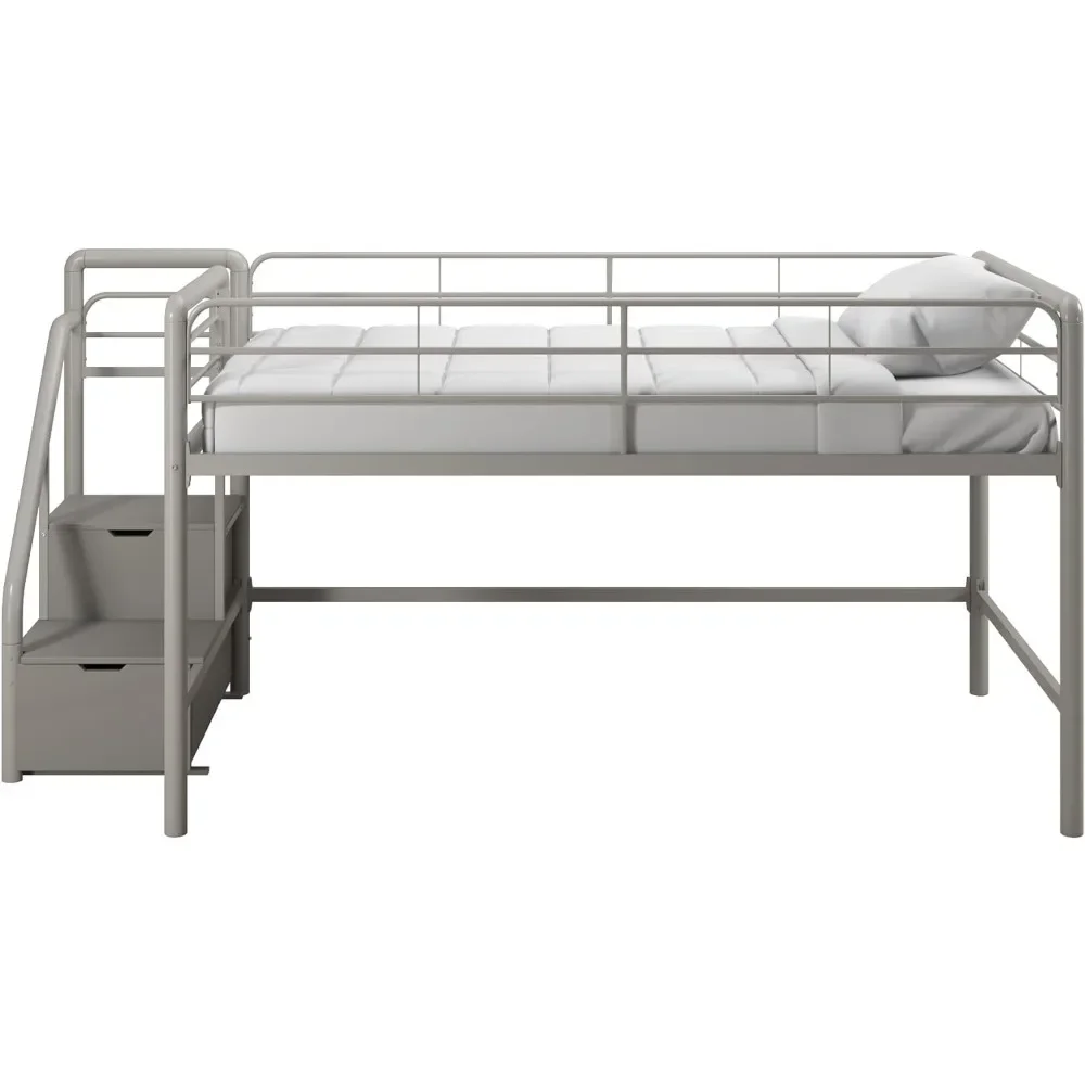 Metal Loft Bed com degraus de armazenamento, solução multifuncional de economia de espaço, prata com degraus, fácil montagem