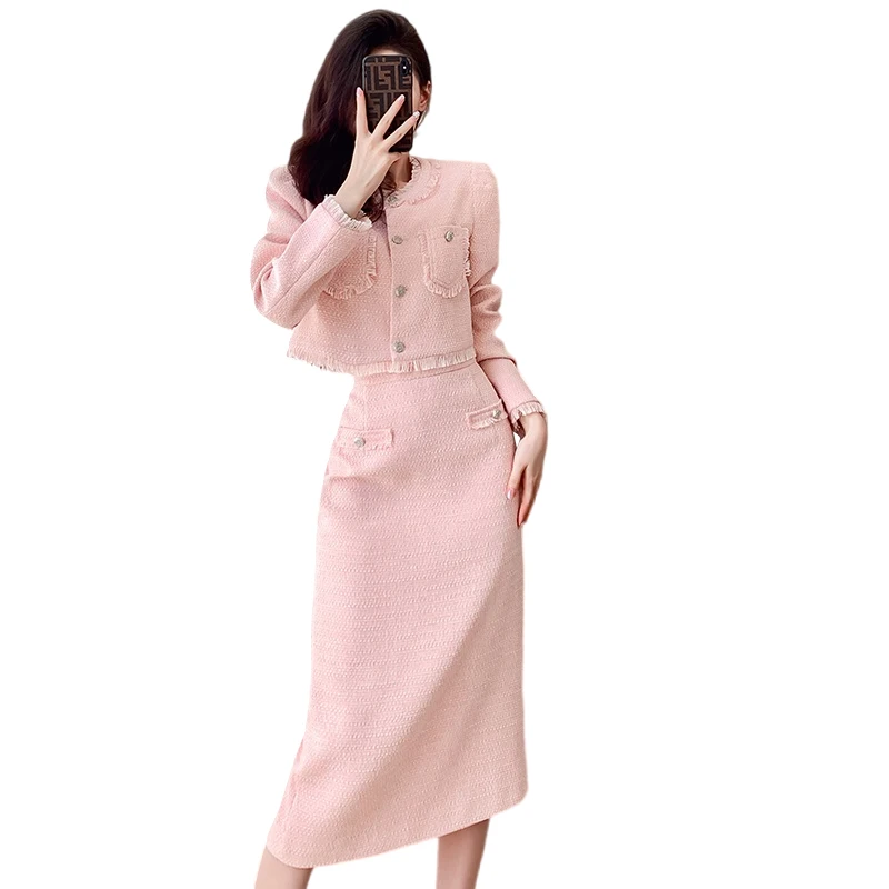 Woman\'s Autumn Smail Fragrance Style Short Tweed Suit Jacket Skirt  Retro Fringed Round Neck  Overskirt Two-piece Set