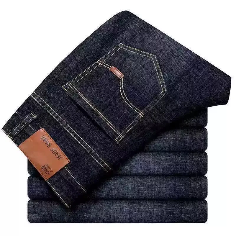 Pantaloni in denim elasticizzato a gamba dritta tinta unita moda primavera e autunno Jeans sportivi comodi e larghi casual da uomo di alta qualità