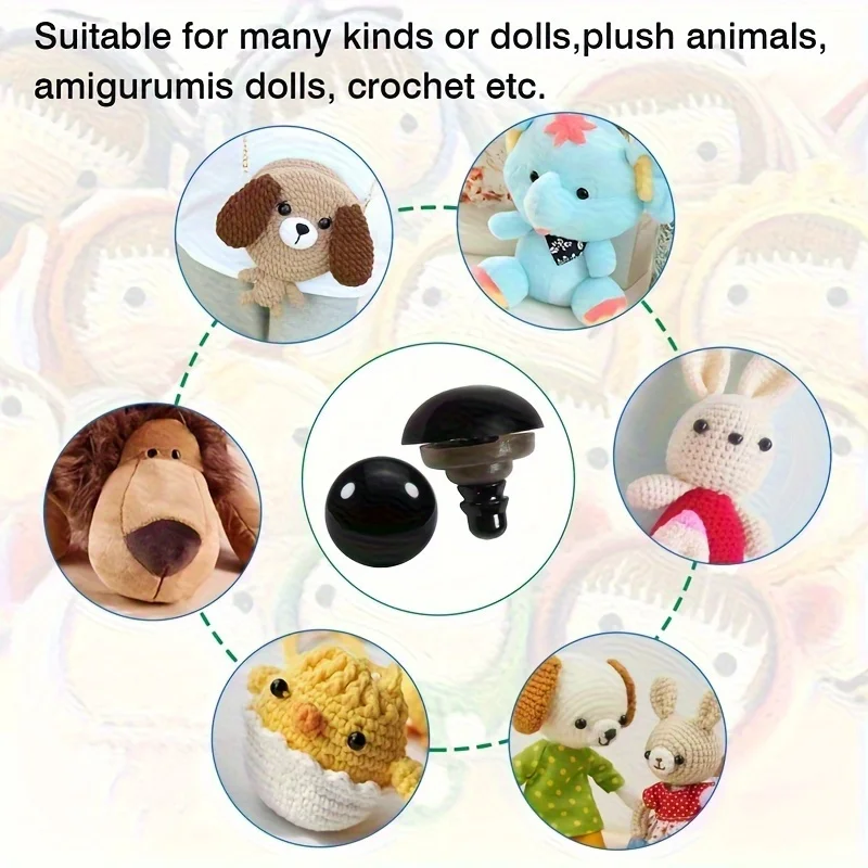 100er-Pack Sicherheitsaugen für Amigurumi – 5–16 mm schwarze Kunststoffaugen mit Unterlegscheiben für Stofftiere und Häkelarbeiten – Detail 4