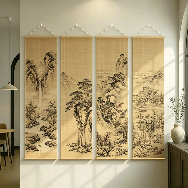 Wall Decor Wabi Sabi Decor Zen Bamboo Scroll Mountain Ink Painting Japanese Aesthetic Karesansui Wall Art For Meditation Room