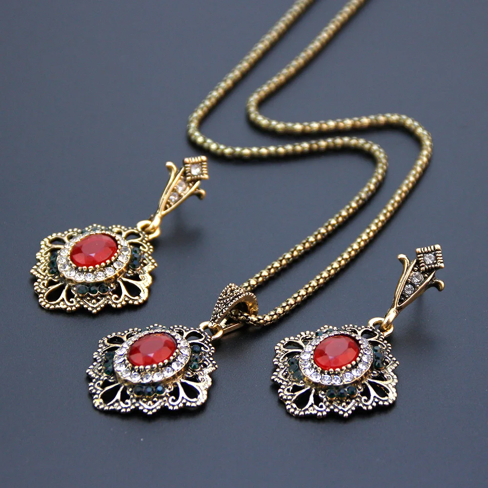 Sunspicems Vintage Bohemia Women Earring Necklace Sets Antique Gold Color Turkish Retro Jewelry Sets Bronze Pendant Necklace Set