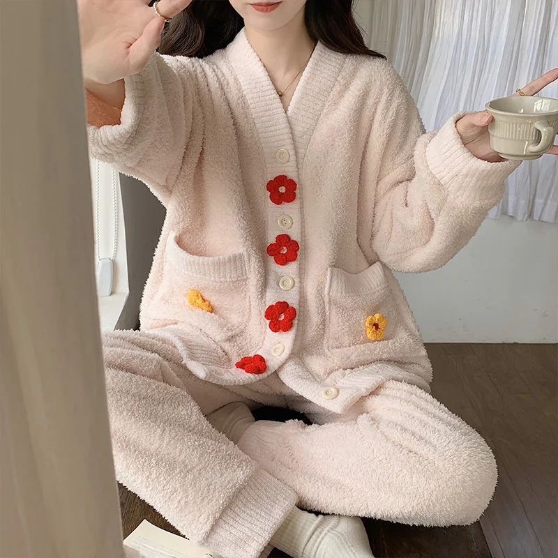 Floral Pajama Women Can Be Worn Outside The Net Red Ins Wind Coral Velvet Thickened and Fleece Premium Flannel Suit Comfortable