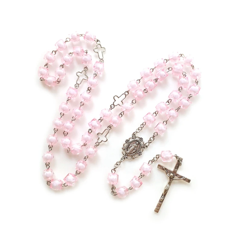 QIGO Pink Square Rosary Hollow Cross Pendant Long Beaded Chain Necklaces For Men Women