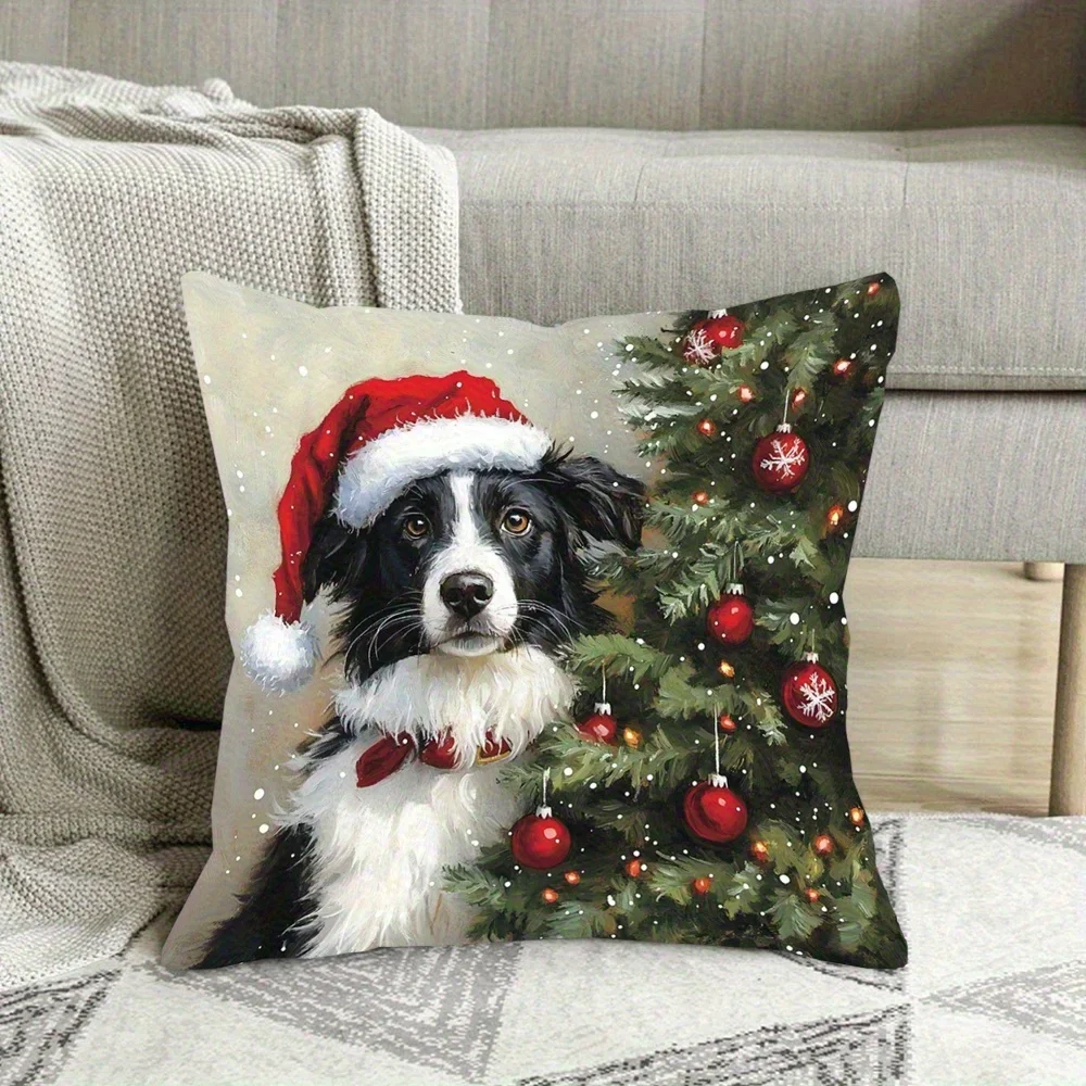 Funda de almohada de varios tamaños para Año Nuevo, cojín decorativo de Feliz Navidad Border Collie para adorno de Navidad