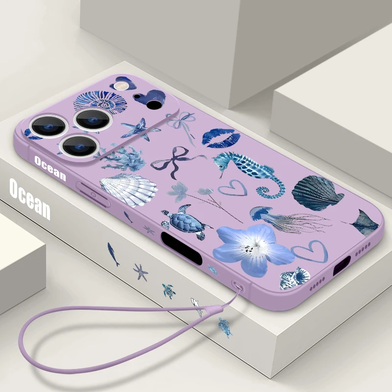 حافظة هاتف لهاتف آيفون 17 برو ماكس الأزرق فرس البحر السلاحف نمط الحبل غطاء لهاتف فوندا آيفون 16 برو ماكس 15 14 13 12 11 16e Air
