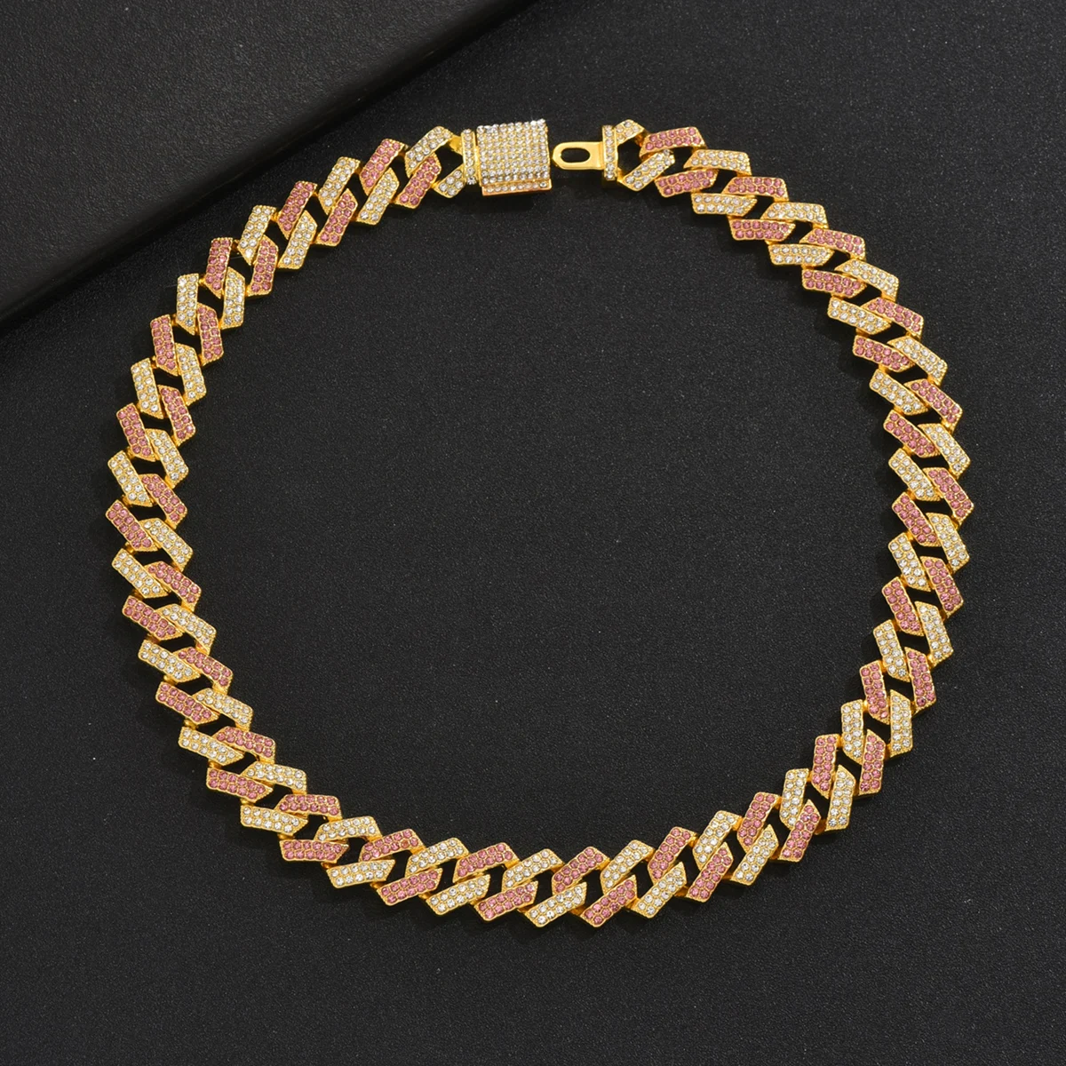 Men Hip Hop Double Color Cuban Chain Necklace Bule Pink Yellow Crystal Stone Choker Box Clasp Clavicle Necklace Fashion Jewelry