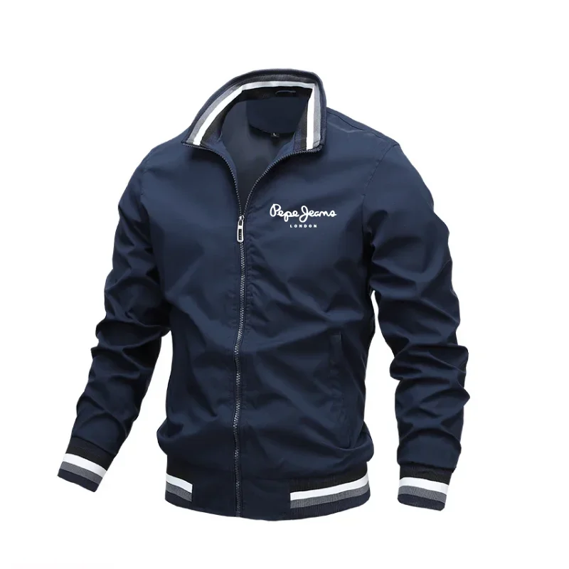 Fashion Men Printed Zip Button Jacket Striped Ribbed Lapel Lightweight Daily Casual Outerwear