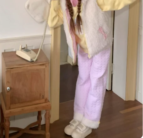 2025 Winter New Fashion Loose Versatile Pink Solid Color Trousers Comfortable Elastic Waist Sweet Girl Age-reducing Warm Pants