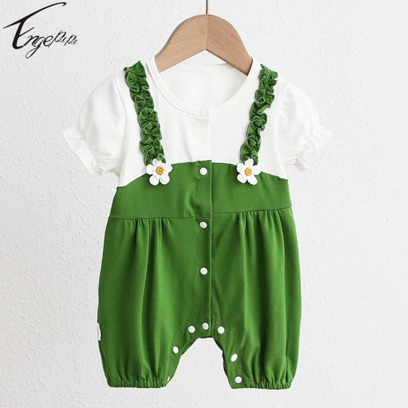 Summer Baby Girls Rompers Bodysuit Infant Baby Girls Short Sleeves Jumpsuit Green Infant Girls Sweet Rompers One Piece Clothes