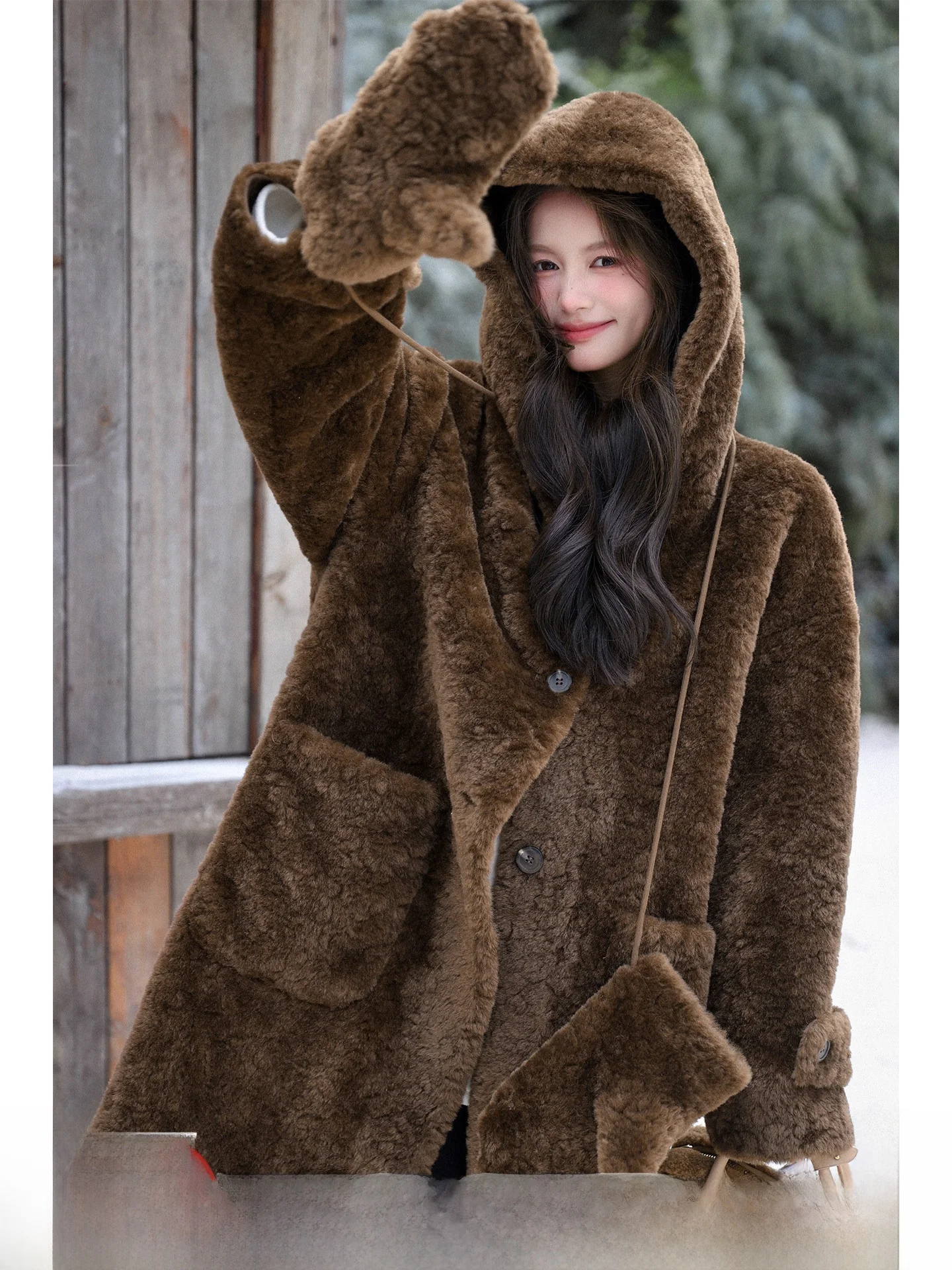 

Длинная куртка из искусственного меха Teddy Lamb Fur с интегрированными перчатками из композитной кожи и меха, экологичная верхняя одежда для молодых женщин, утепленная, удлиненная