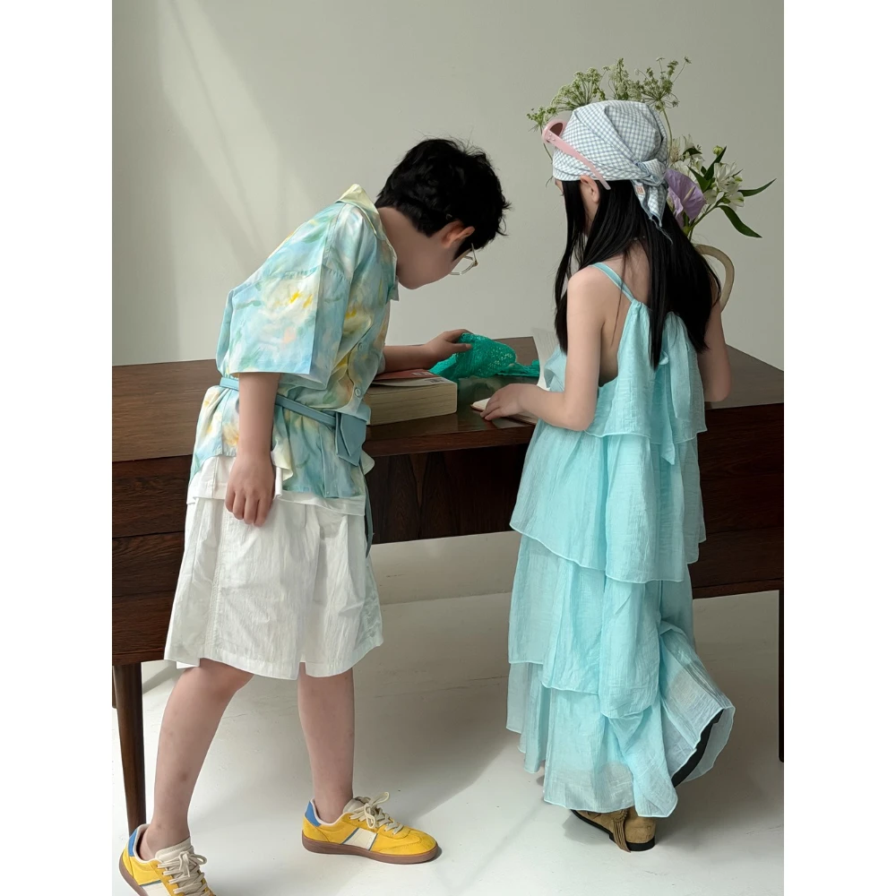 Vacatio Brother Sister Matching Outfits Summer Sibling Clothes Boys Girls Korean Shirt Tiered Ruffle Maxi Dress Kids Outfits 6