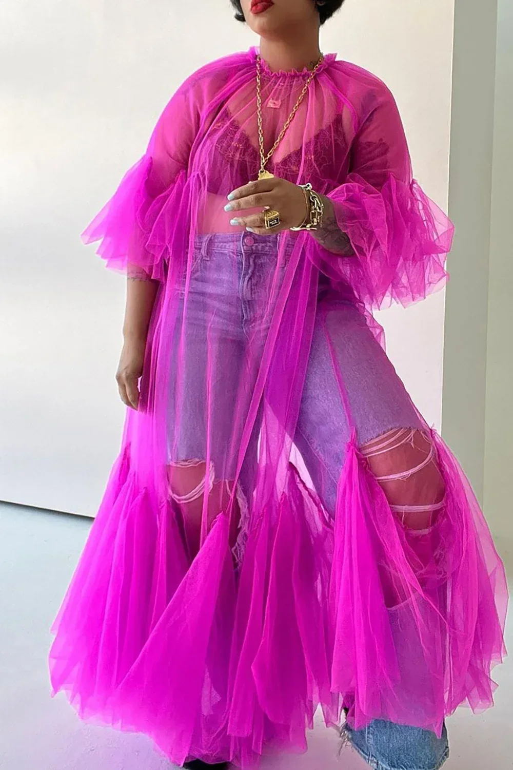 Robe à ourlet à volants pour femmes, manches pétales, maille fine, magenta, col rond, plissé, tulle, transparent, grande taille, sexy, élégant