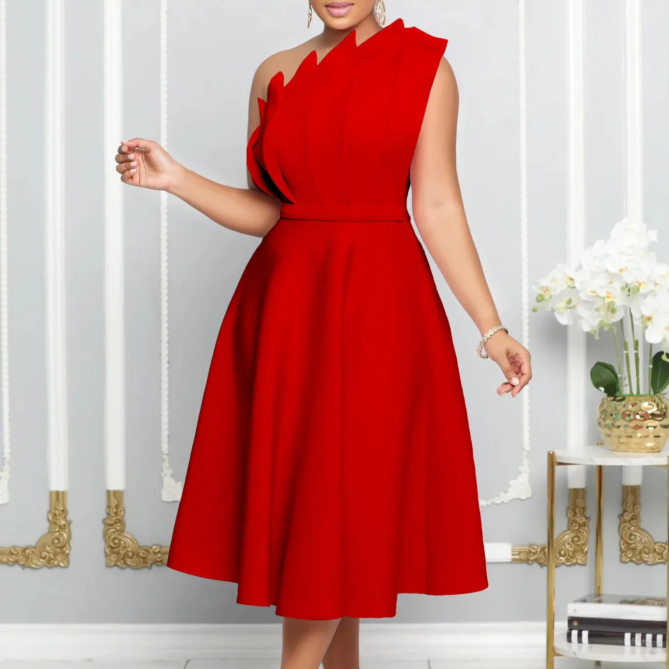 Elegant Party Dress Wedding Guest 2026 Shoulder High Waist Sleeveless Dresses A Line Pink Evening Dress Flared White Formal