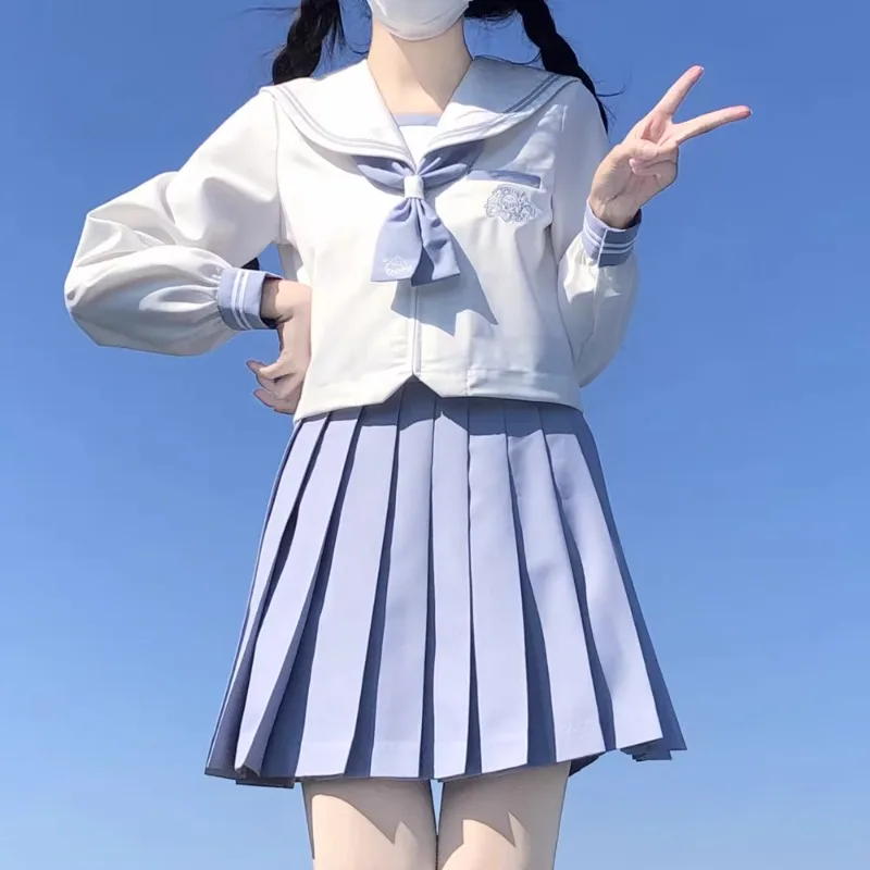 Japanese JK Uniform College Style Sailor Collar Top Outfits Blue White Color Matching Suit Short Sleeves Blusas Skirt Set Female