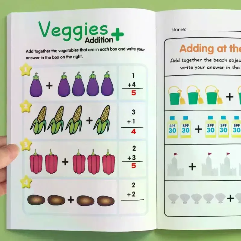 1 Juego divertido libro de preguntas aritméticas de 64 páginas, ejercicios de suma y resta dentro de 10 cálculos de descomposición de columna de imágenes