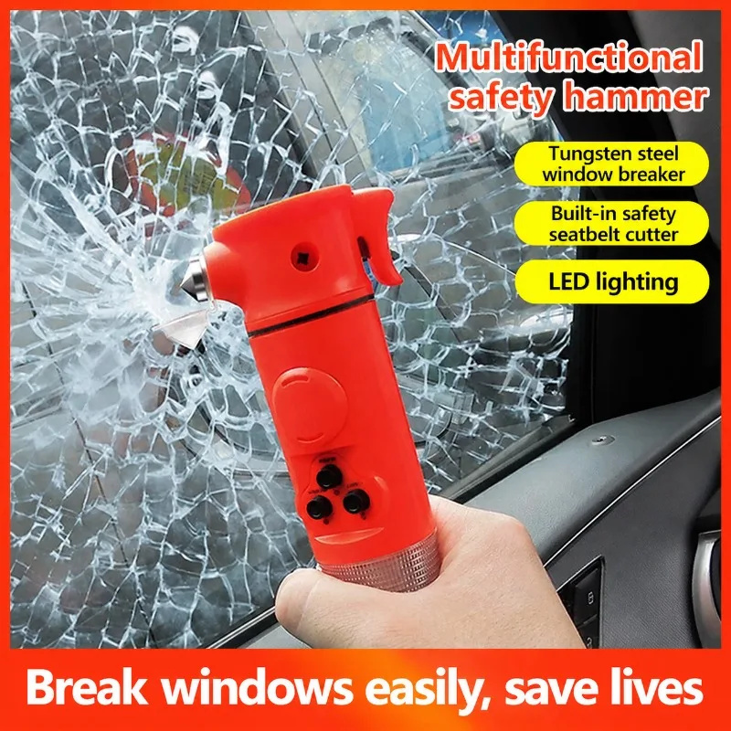 6-in-1 Car Emergency Hammer with Flashlight, Sound & Light Alarm, Window Breaker, Escape Tool for Vehicle Safety