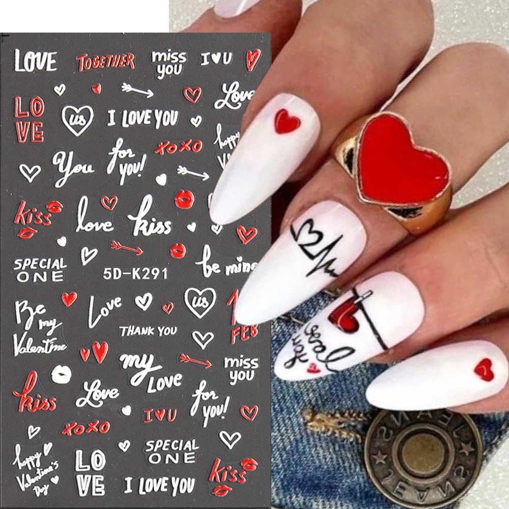 Valentines Day Nail Stickers I Love You Letters Nail Decals Heart Charms Panda Ladybird Sliders Adhesive Manicure Foils LEB5D-K