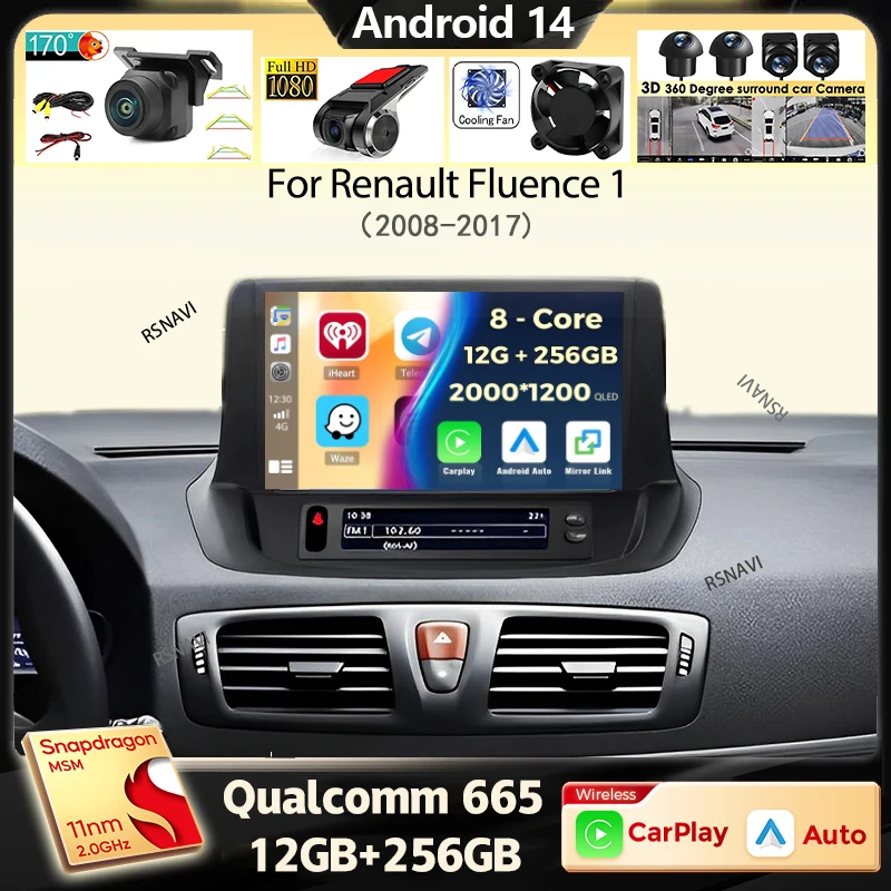 Android 14 Wireless Carplay Auto Car Radio For Renault Fluence 1 2008-2017 Navigation Multimedia Player Stereo GPS Head Unit DSP