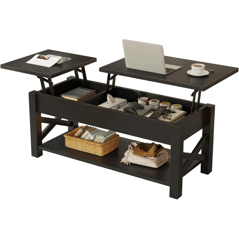 

Coffee Table 47.2", 2 Way Lift Top Farmhouse Center Table with Hidden Compartment, Open Shelf & X Wooden Support