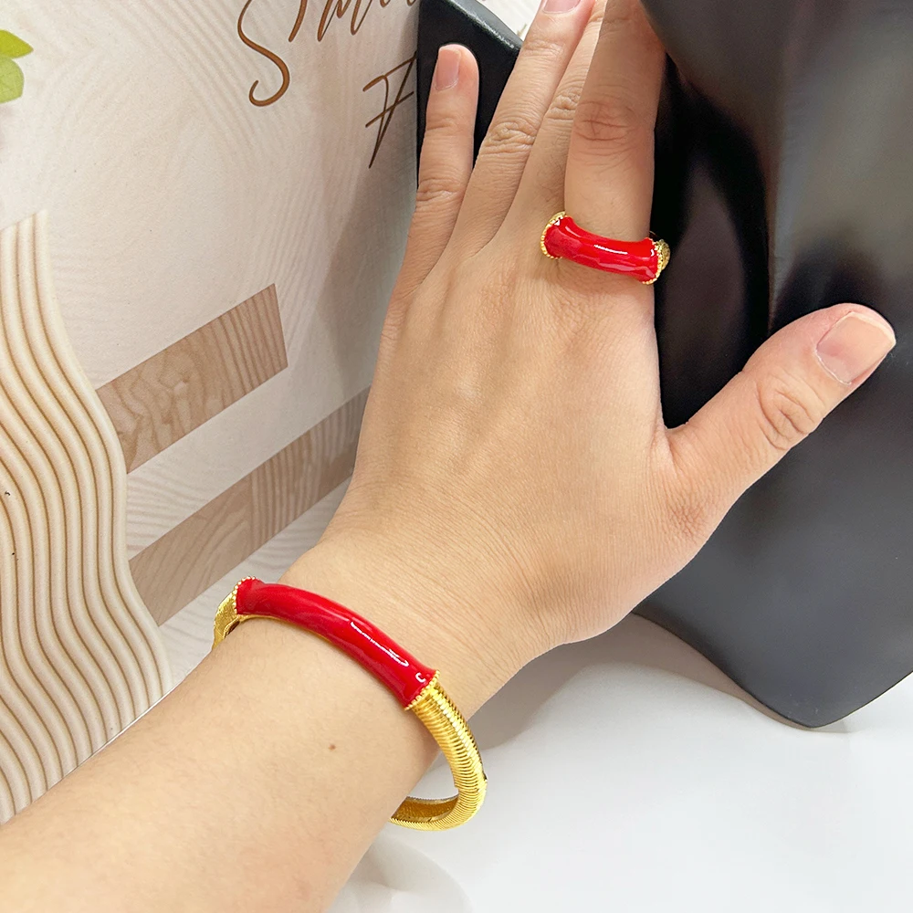 

Exquisite Bangles with Ring Set Jewelry Ladies' Oil Dripping Colored Bracelets Rings Gold Color Jewelry Sets Party Wedding Daily