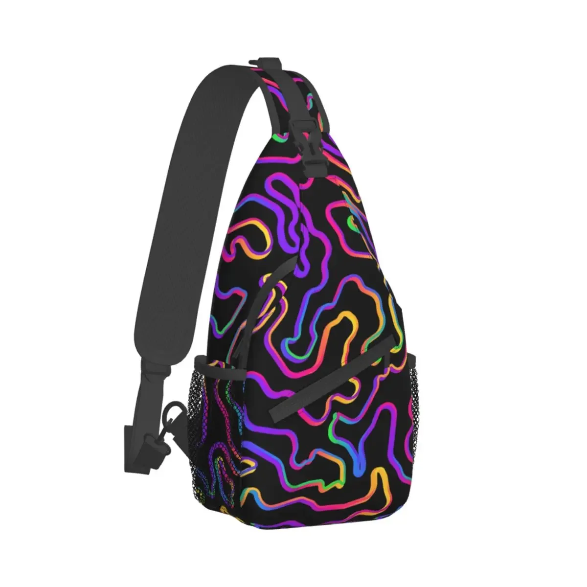 Neon Curved Lines Crossbody Chest Bags Psychedelic Pattern Pockets Travel Pack Messenger Sports Teens Shoulder Bag Unisex