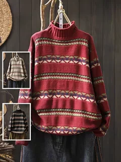 Maglione a righe casual a collo alto lungo in filato di cotone lavorato a maglia retrò, top autunno inverno Faion da donna taglie forti