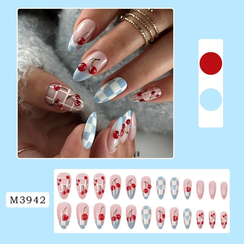 Blue Checkered French Cherry Press On Nails Medium Length Ins Style Wearable Acrylic Fake Nails Tips Women Manicure Decoration