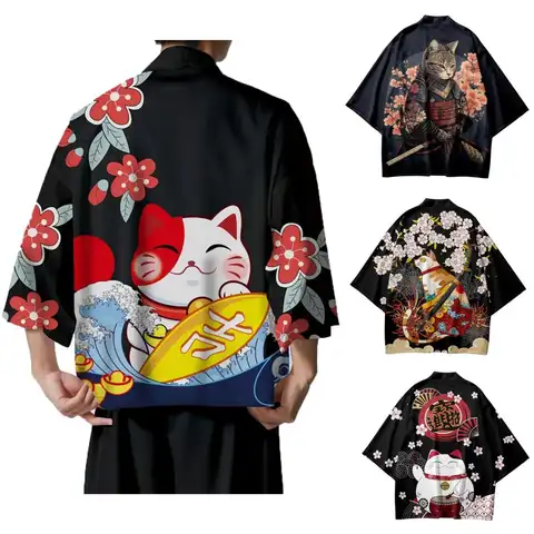 Japanese Sakura Cat Samurai Printed Kimono for Men Women, Haori Cardigan, Traditional Costume, Loose Short Sleeve Cloak, S-3XL