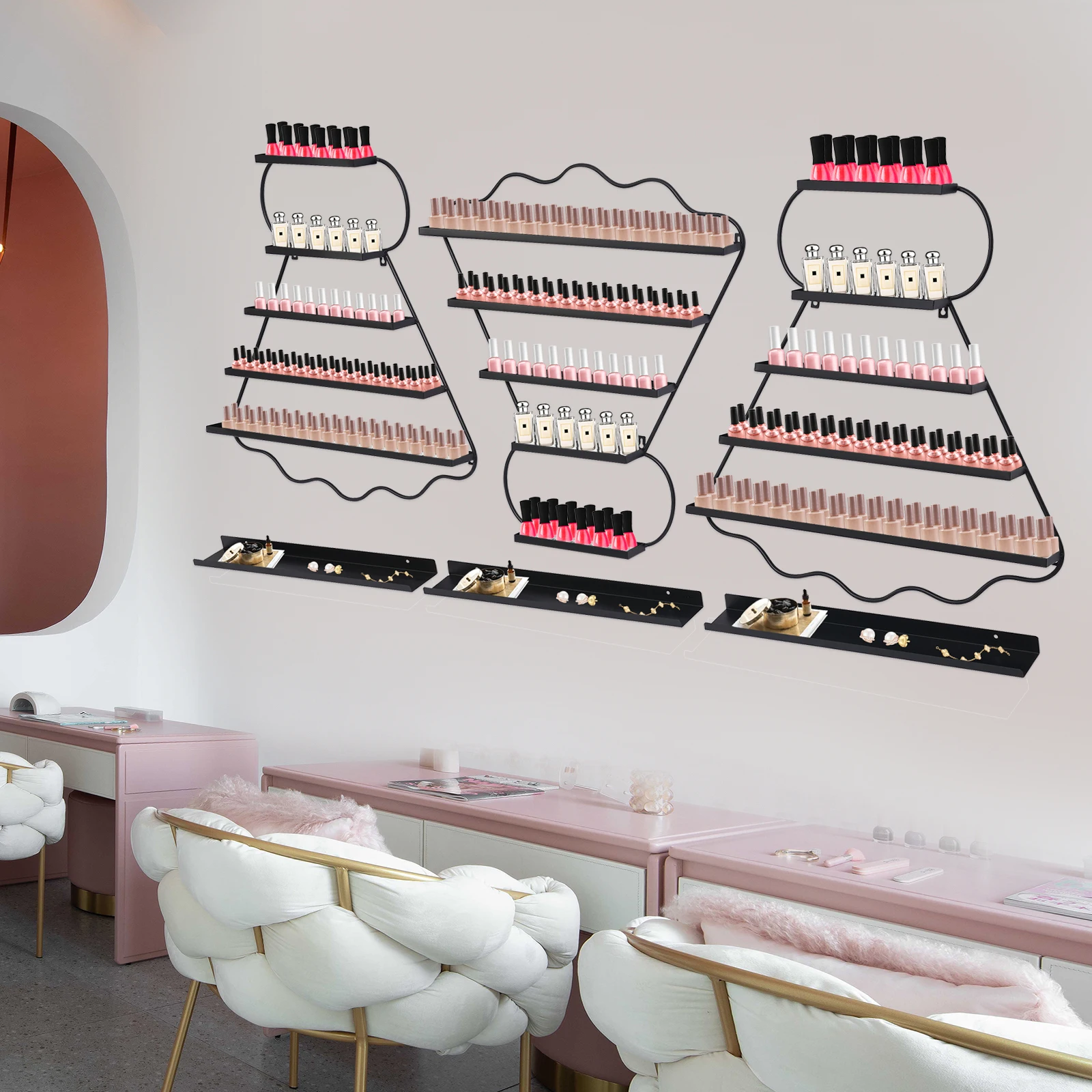 5-Tier Wall Mounted Nail Polish Racks, Nail Polish Shelves, Nail Polish Display Rack Iron Organizer with 3 Hanging Bars for Salon