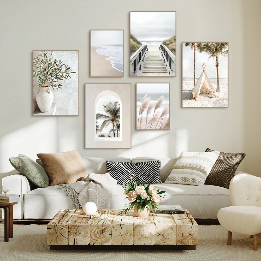 

Sea Sand Beach Print Pictures Hay Reed Palm Canvas Painting Bridge Conch Starfish Swing Wall Art Nordic Poster Living Room Decor