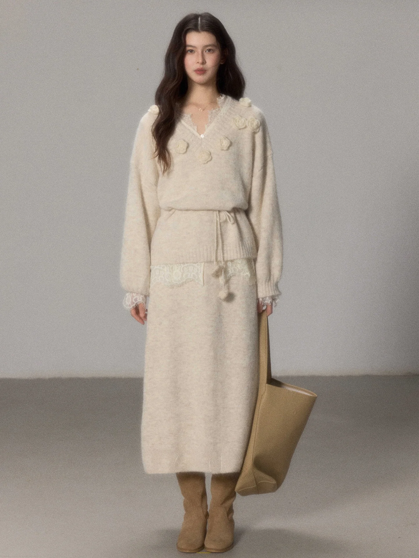 

Комплект Ele Soft: свитер и юбка с 3D-цветами, женский, свободный крой, осенне-зимний, модный, повседневный, удобный, из смесового полиэстера