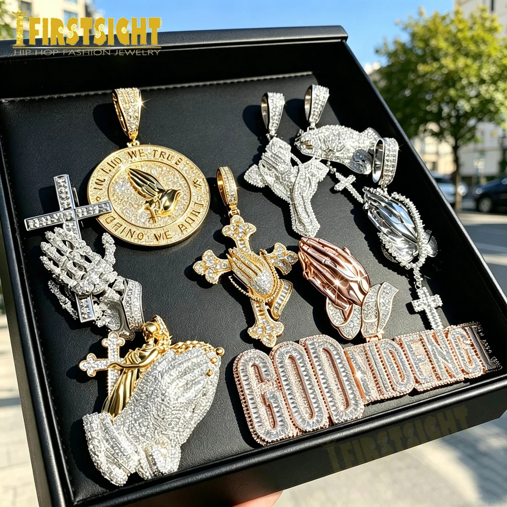 Iced Out Devout Hände betende Kreuz Anhänger Halskette für Männer Krappenfassung Zirkonia Buchstabe Gott Fidence Hip Hop Schmuck