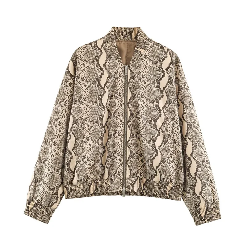 Guobioziy 2026 Vintage Snakeskin Short Flight Jacket for Women, Zipper Stand Collar Long Sleeve Loose Casual Streetwear Coat