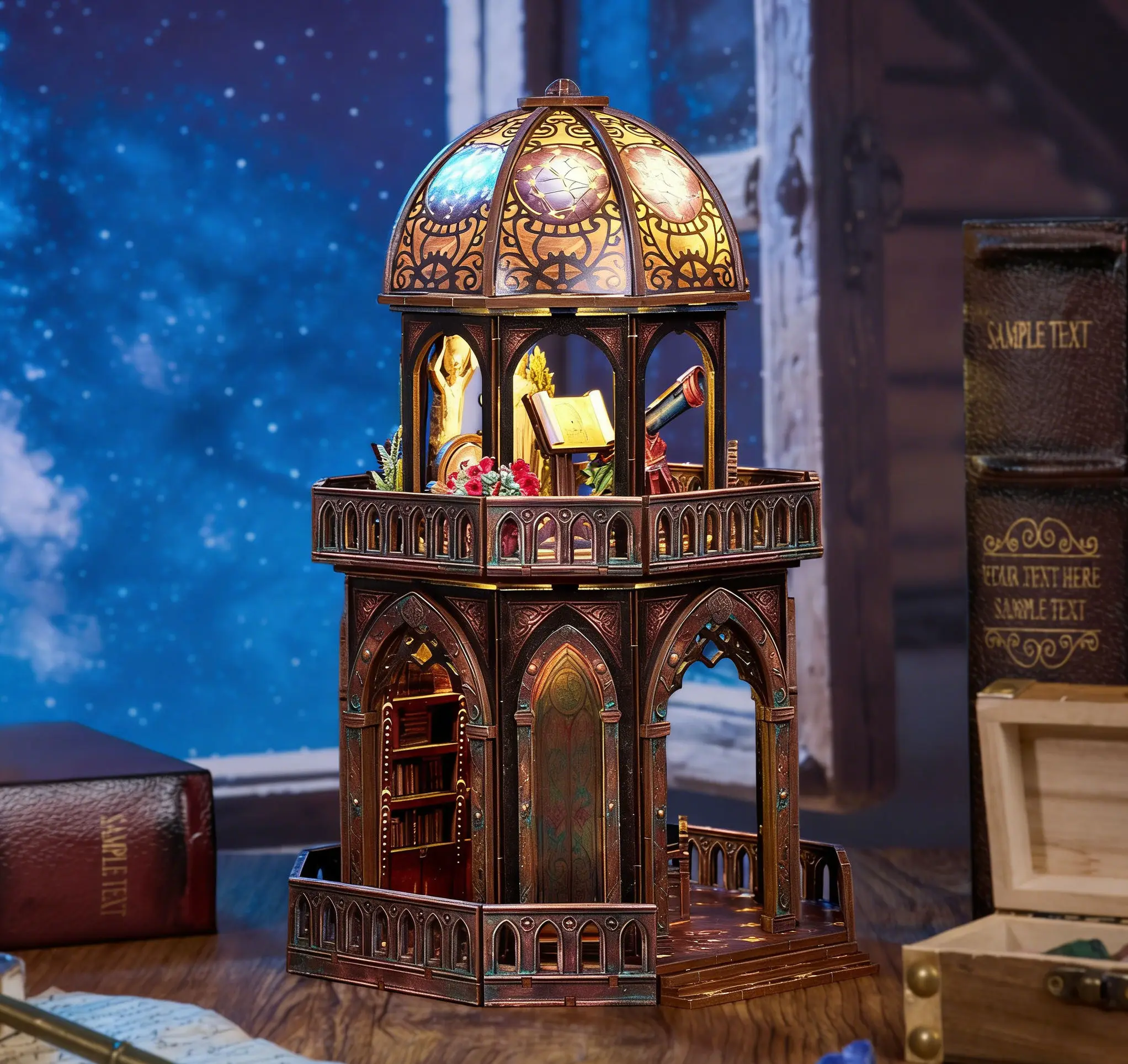 

DIY Observatory Bookend 3D Wooden Puzzle, Miniature House Kit with LED Light, Gothic Astronomical Diorama for Bookshelf Decor